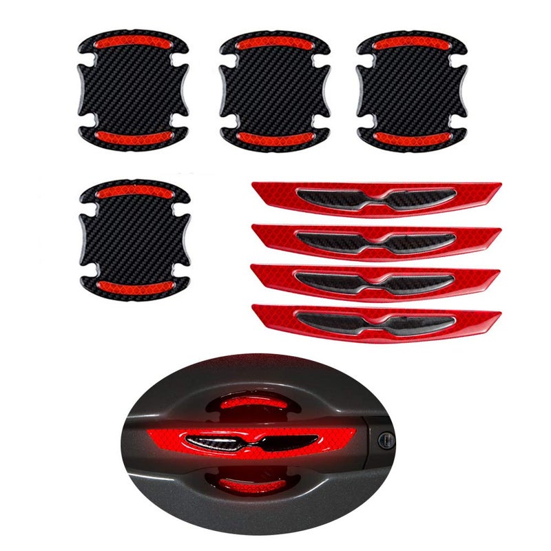 Aiydachy 8pcs Universal 3D Carbon Fiber Car Door Handle Paint Scratch Protector Sticker Auto Door Handle Scratch Cover Guard Protective Film Car Outdoor Safety Reflective Strips (Red) - Image 1